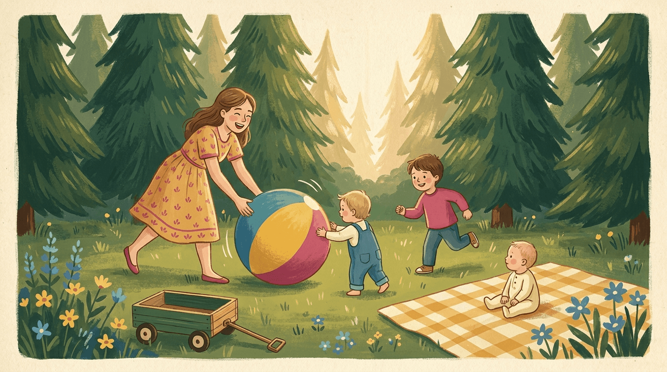 Illustration d’une jeune femme qui joue au ballon avec trois enfants dans la cour