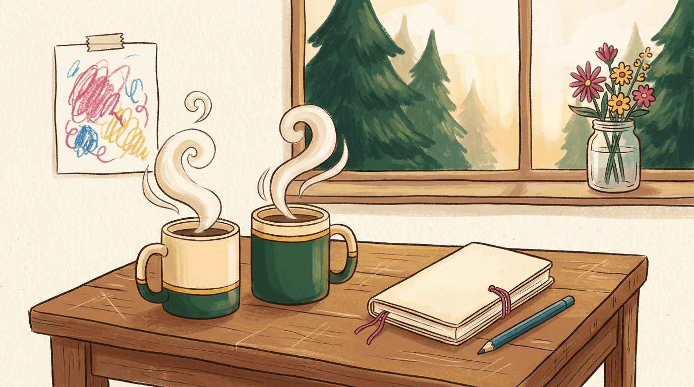 Illustration de deux tasses de café sur une table de cuisine devant une fenêtre