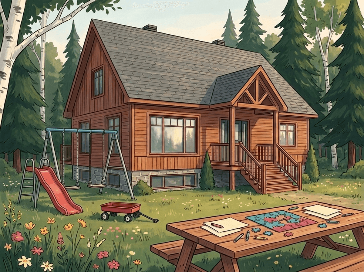 Illustration d’un chalet de bois entouré d’arbres, avec une balançoire de métal, une glissade et une table de bricolage dans la cour