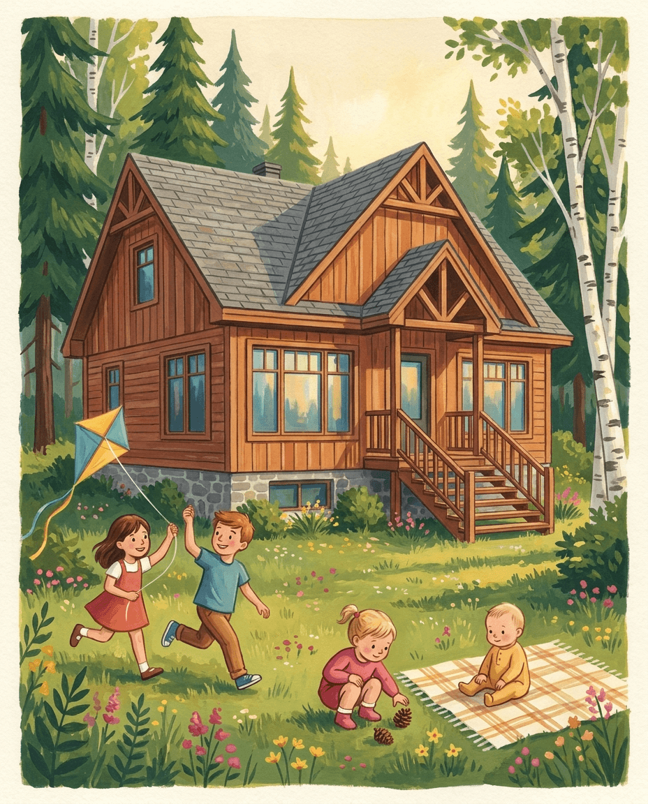 Illustration d’enfants qui jouent devant un chalet de bois entouré d’arbres